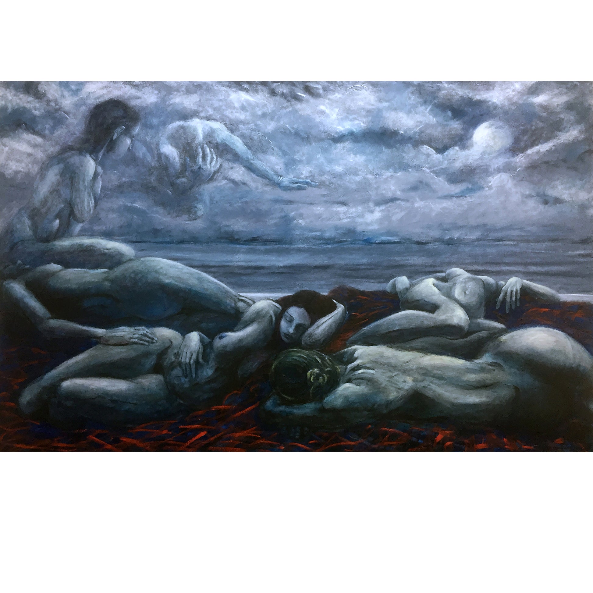 Oil on Canvas, 278 cm wide x 178 cm high x 3.5 cm deep.  Epic, playful and cryptic nocturnal dreamscape depicting reclining sleeping female figures with a shimmering moonlit seascape in the background. At left is a seated female figure, who like us, is contemplating the scene. Beside her in the clouds is a woeful foreshortened male figure in a reflective pose holding his head. 