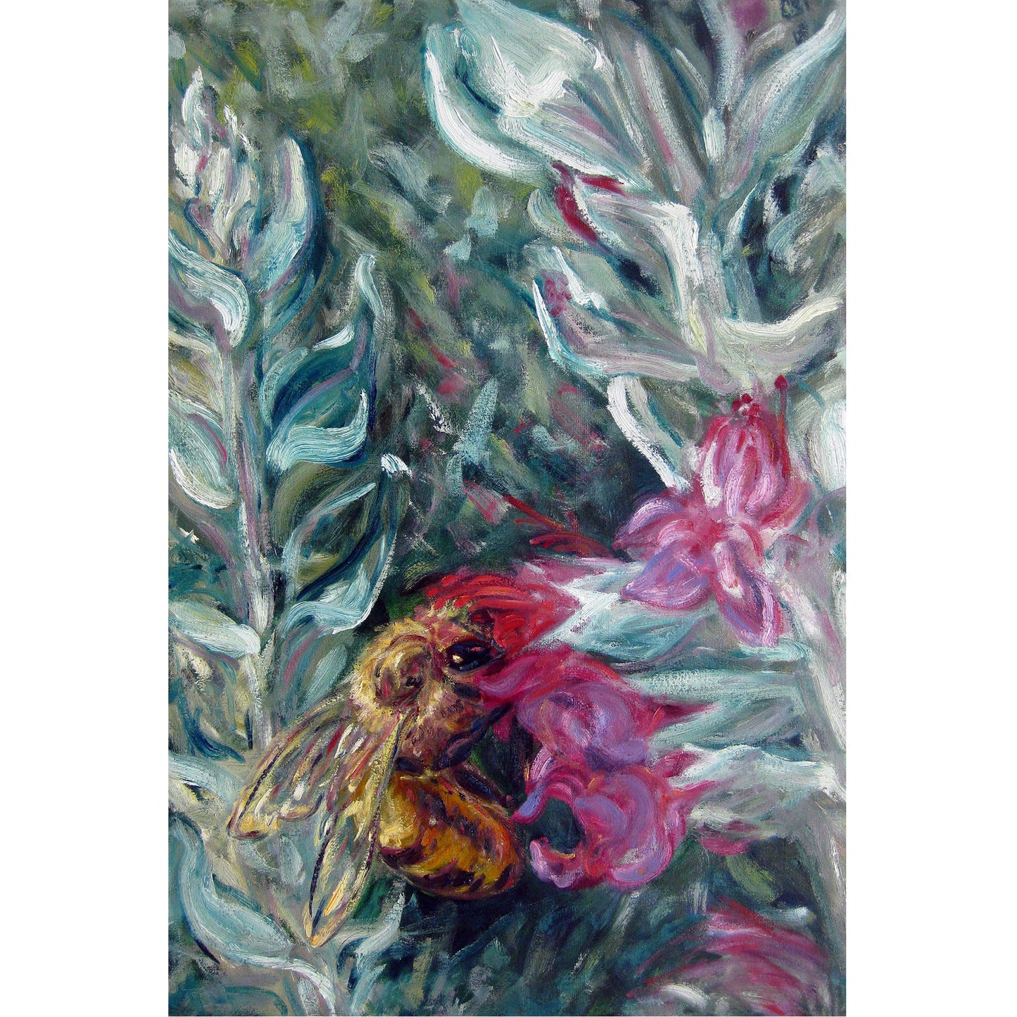 One of a stunning series of voyeuristic oil paintings, up close and personal, glorifying the intimate, private and symbiotic relationship between flower and bee.