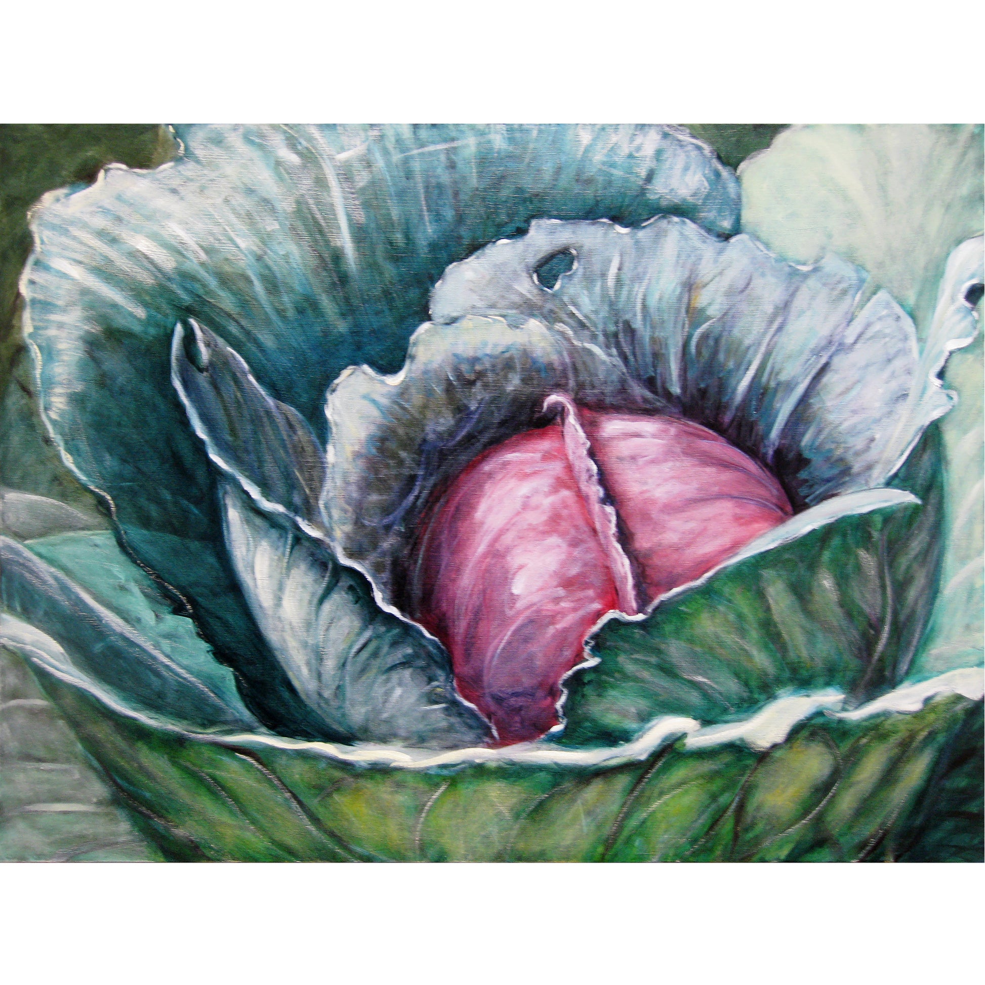 Oil painting of a cabbage. Cabbages have an intrinsic inner beauty. A beauty that blossoms outward, capturing the energy of the sun and transposing it into a nourishing, radiating, lifegiving force. The Cabbage becomes our primordial symbolic “Earth Mother”. 