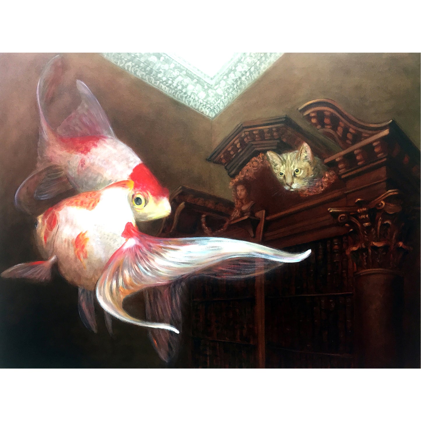 Oil Painting, interior with goldfish and cat. Two-point perspective giving a sense of depth. Cat peering at fish from top of bookcase in a threatening manner.