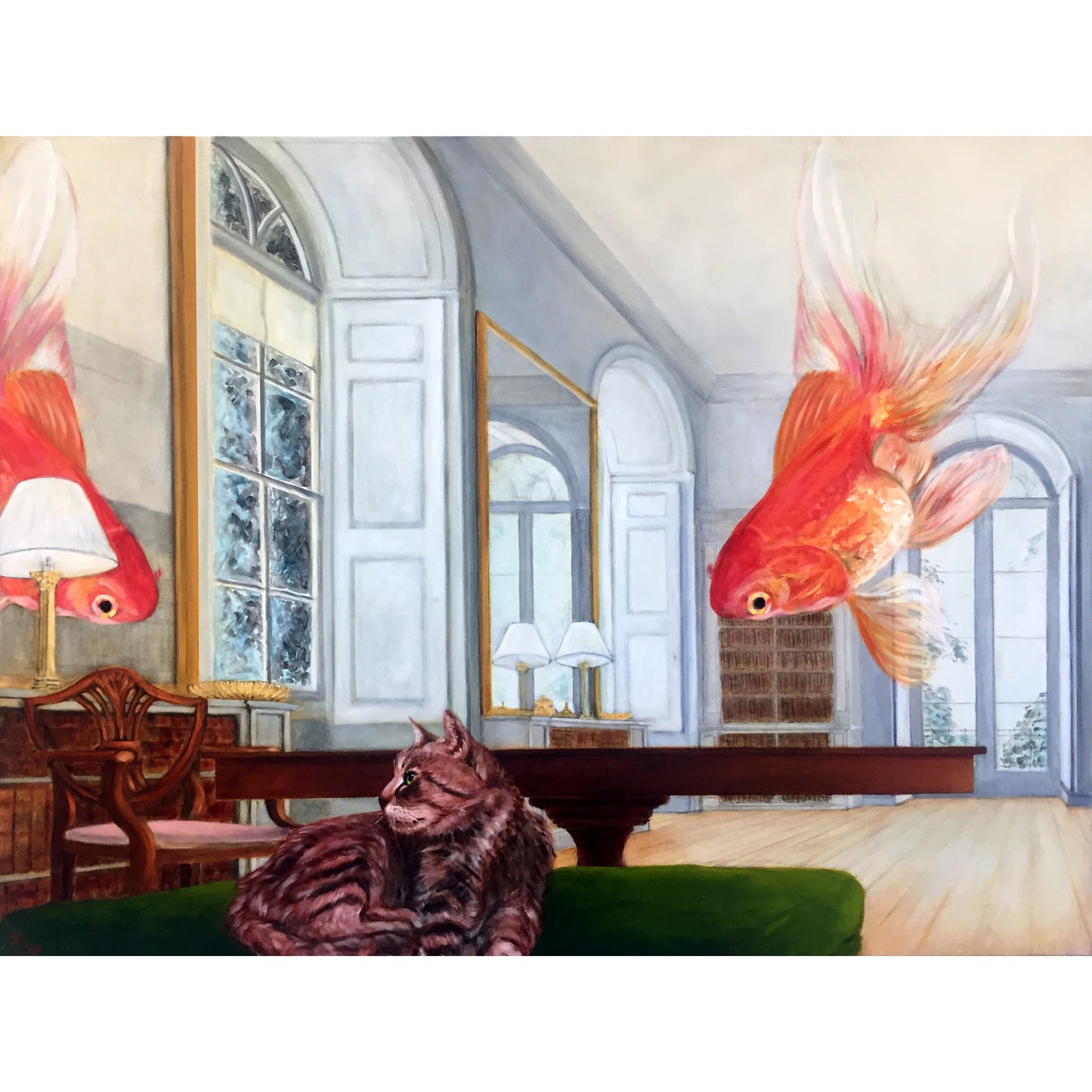 Oil Painting, bright interior with goldfish and cat. One point perspective giving a sense of depth.