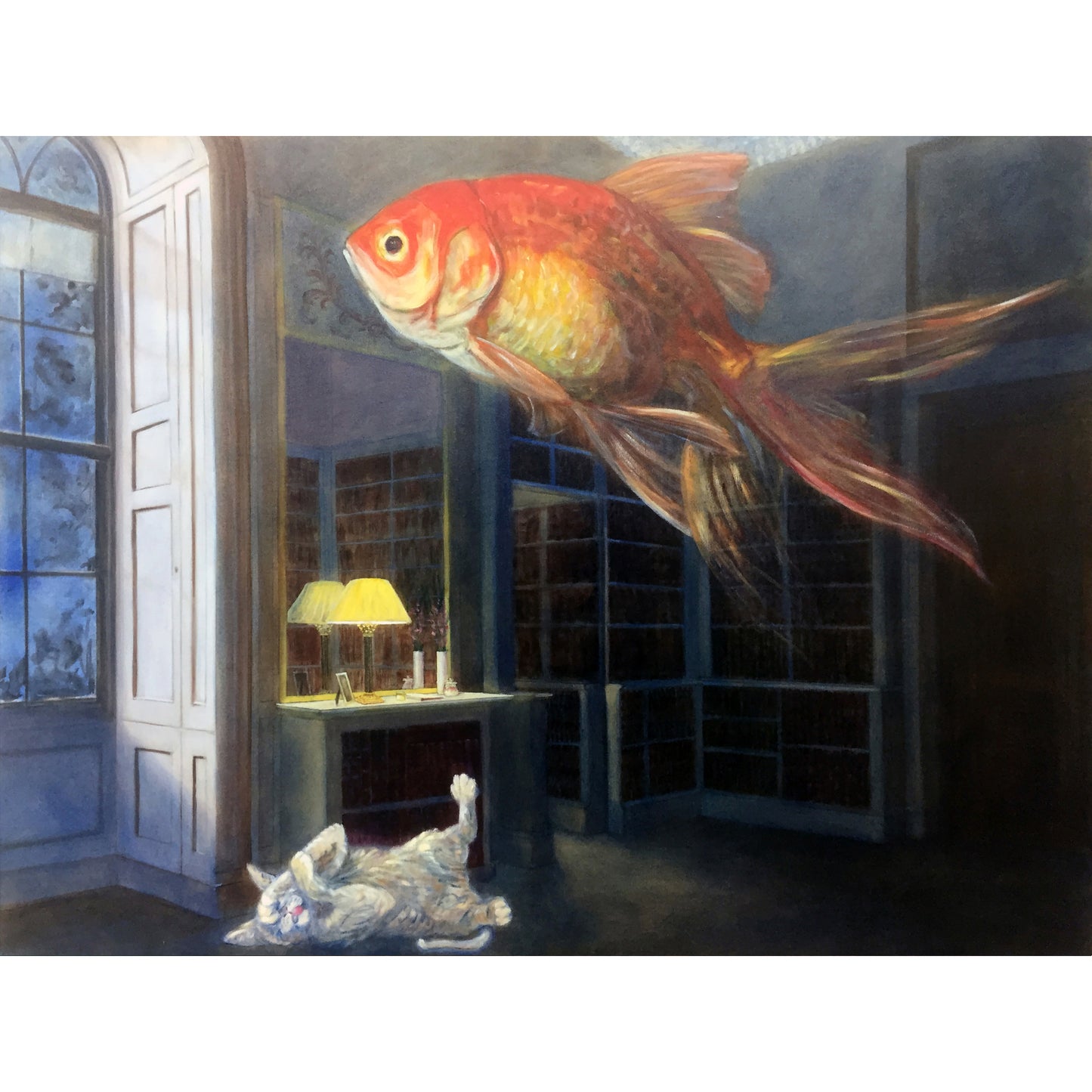 Mysterious nocturnal interior with suspended goldfish over a dreaming cat. Moon light streaming in from a large window and a secret door in the bookcase.