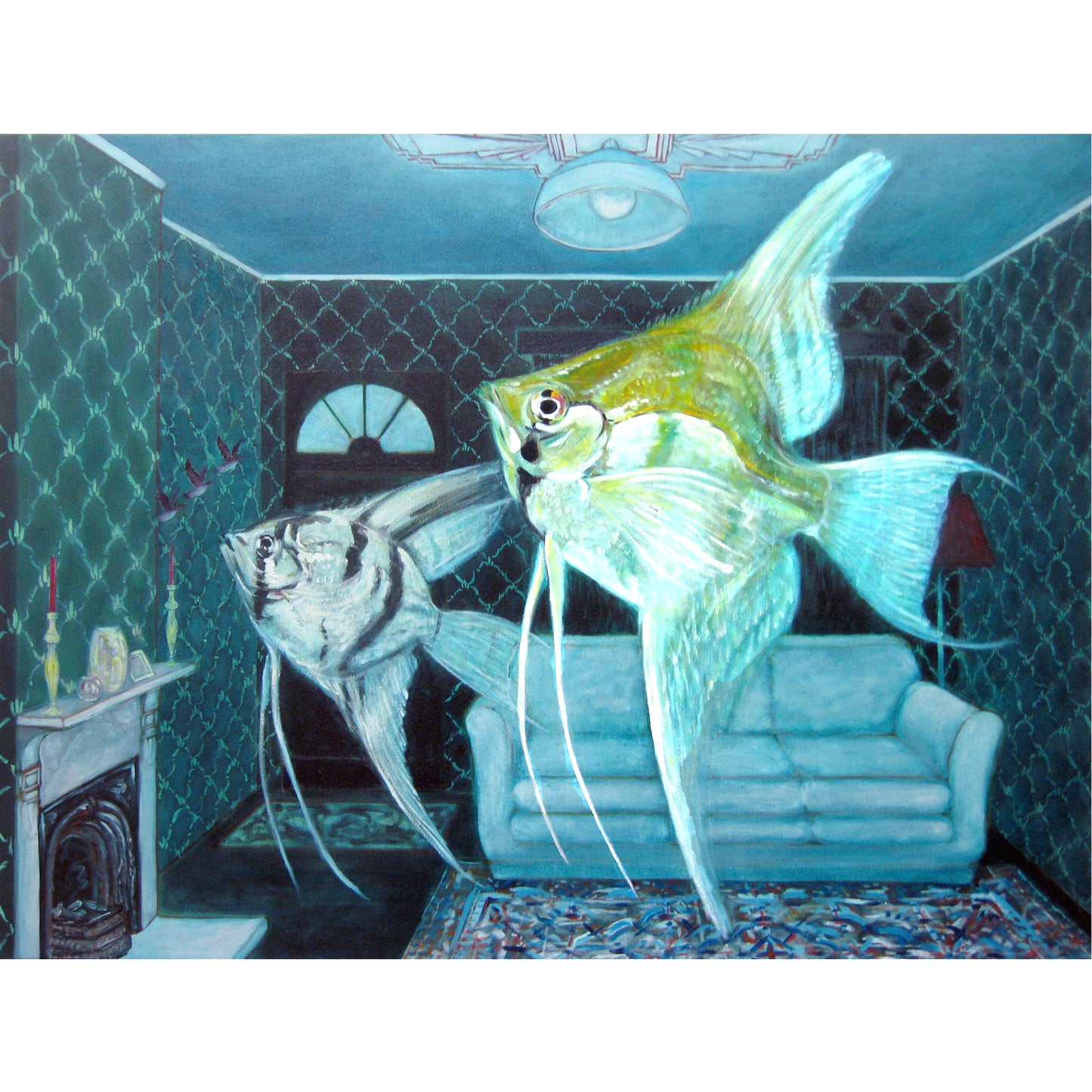 One of a series of oil paintings of interiors featuring fish entitled the “Home Sweet Home” series. Each painting has an intense immediate visual impact that is evocative and sensual.