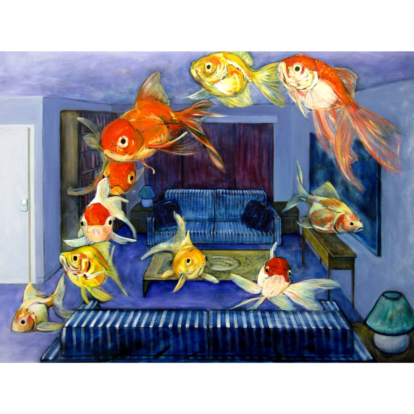 One of a series of oil paintings of interiors featuring fish entitled the “Home Sweet Home” series. Each painting has an intense immediate visual impact that is evocative and sensual.