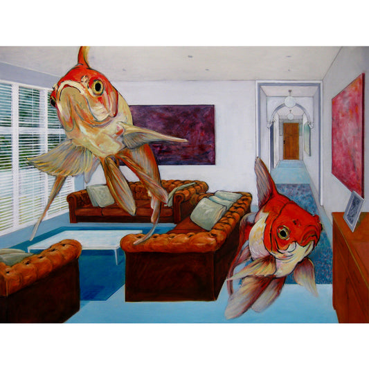 Interior with suspended goldfish over Chesterfield lounges. Bright cheerful with one point perspective composition.