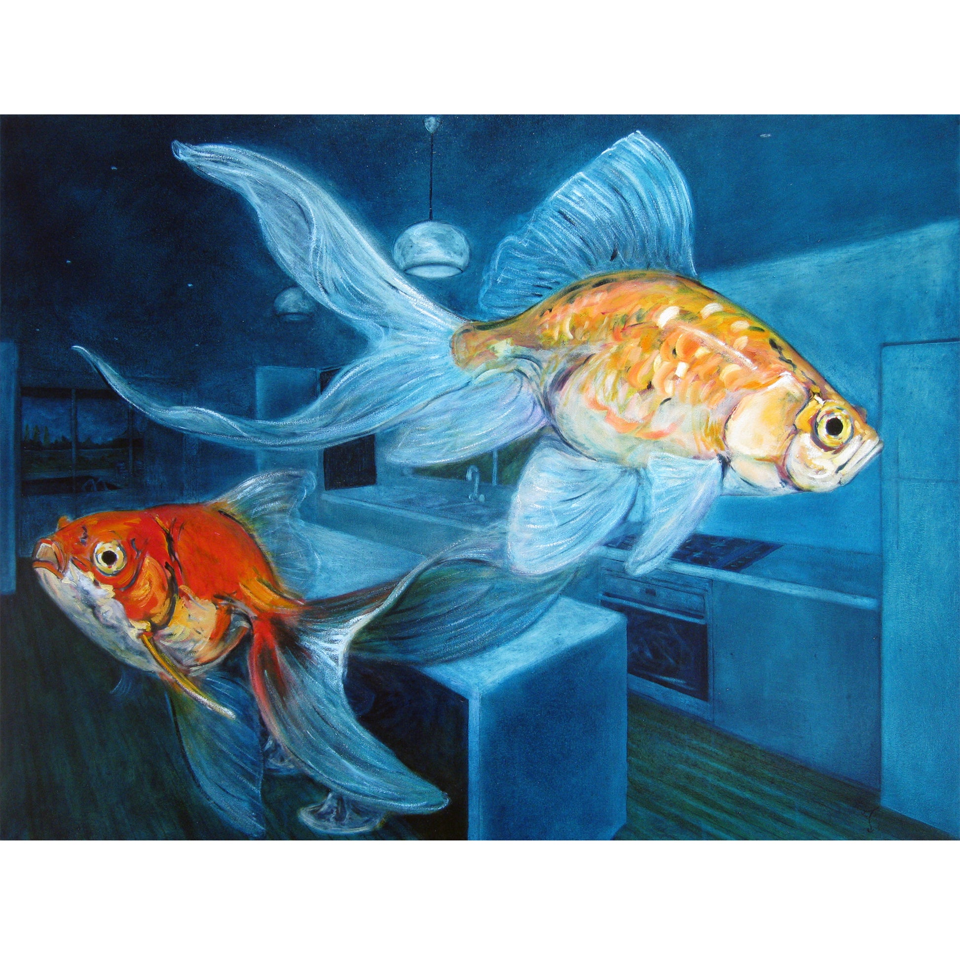 One of a series of oil paintings of interiors featuring fish entitled the “Home Sweet Home” series. Each painting has an intense immediate visual impact that is evocative and sensual.