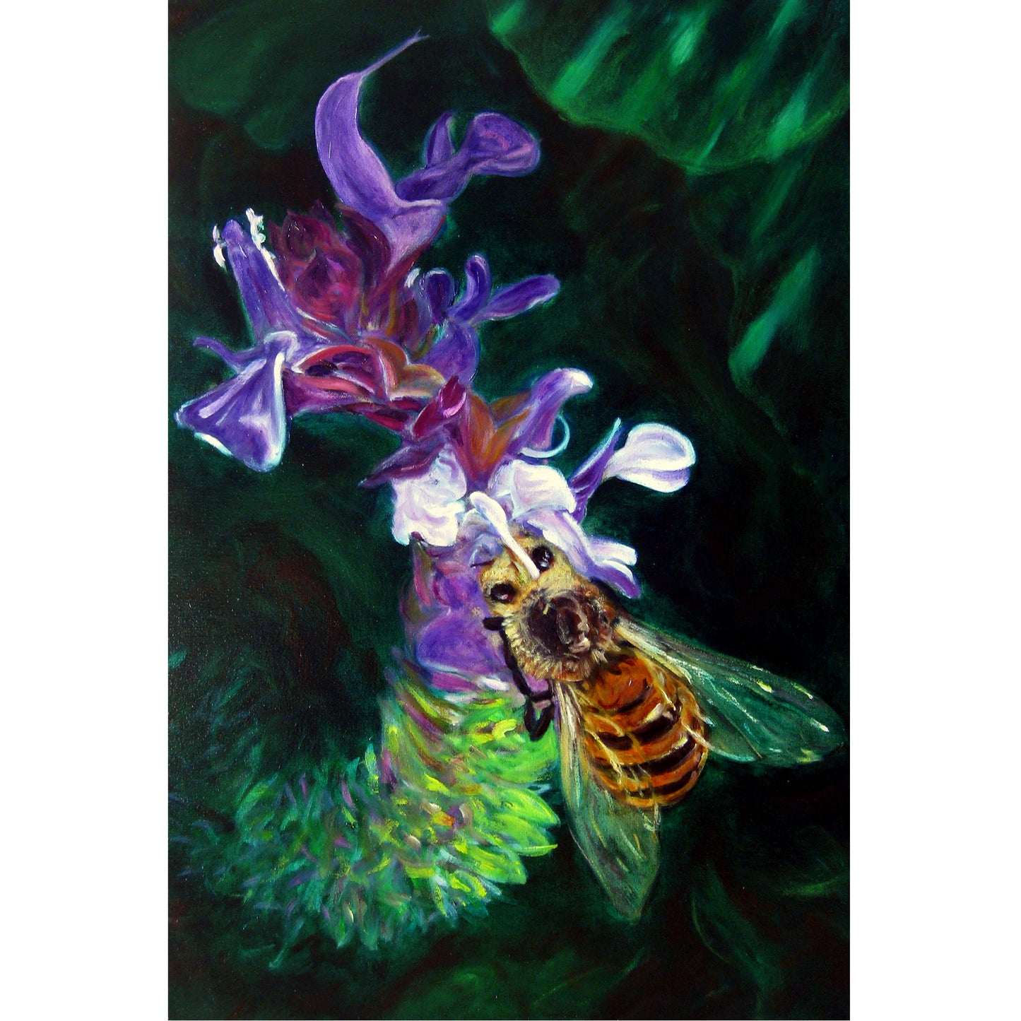 Oil painting of a bee collecting nectar from a violet flower in portrait format. Bright realistic colours on a dark green background.